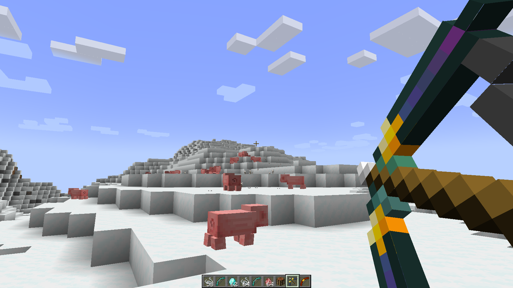 A screenshot of a player shooting pigs with the Ender bow in 1.19.2